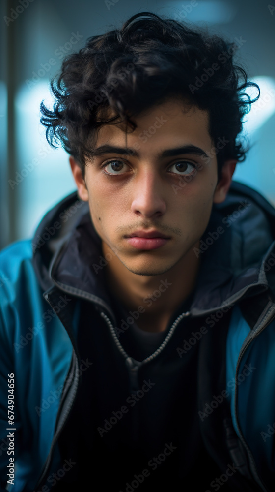 Obraz premium Portrait of a very handsome young Palestinian boy with a sad face looking at the camera. Young Palestinian man with a sad look in a hospital environment.