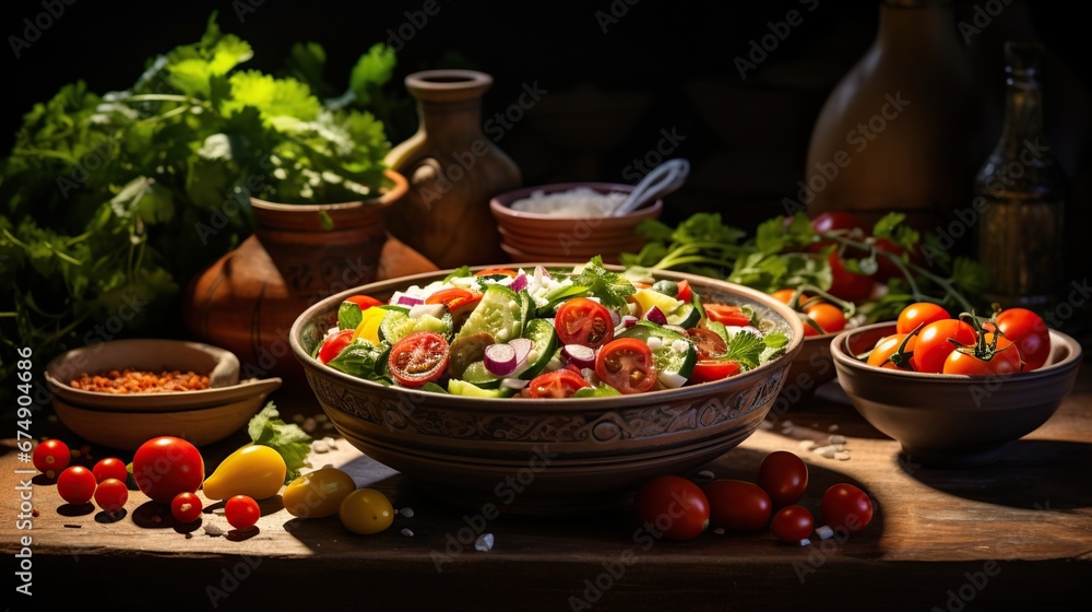 Vegan greek salad with kalamata olives, cherry tomato, yellow paprika, cucumber and red onion, healthy mediterranean diet food, low calories eating. White table background, top view