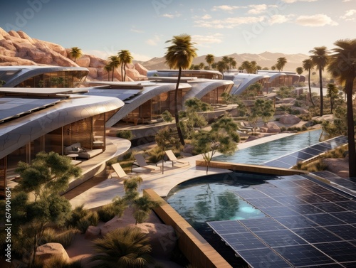 A sleek and sustainable desert oasis resort with a focus on renewable energy.