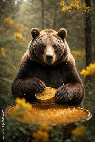 a bear in the forest eating honey in a honeycomb