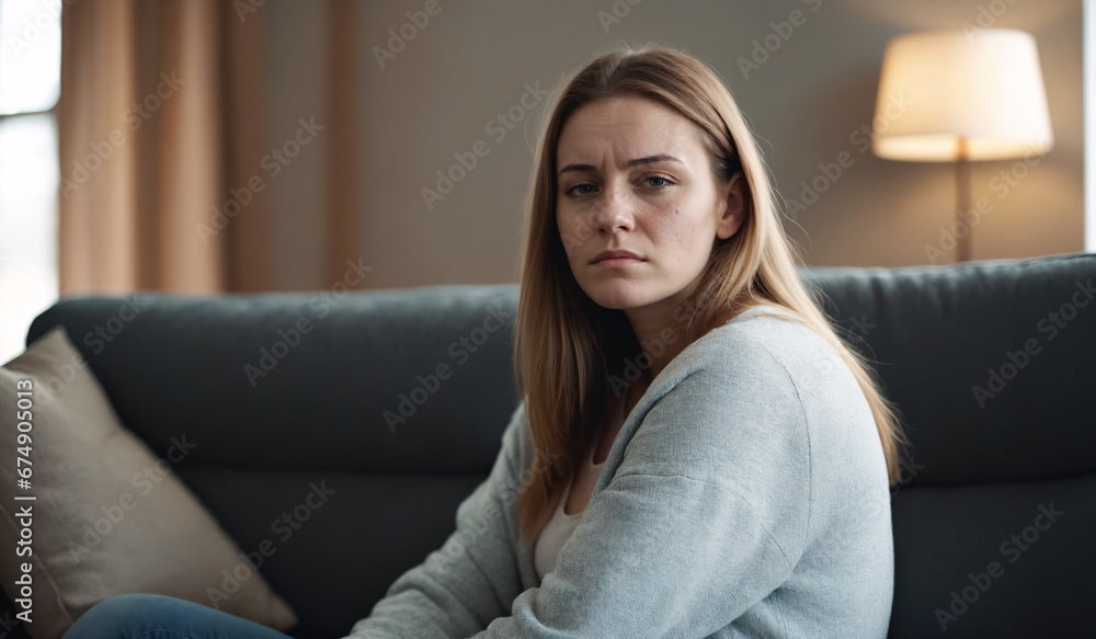 sad tired ill sick lonely disappointed caucasian young woman sitting on the sofa couch, feeling nostalgy, pain, missing friends, bankruptcy, fraud at home, burnout, crisis, failure, fatigue, worried sad tired ill sick lonely disappointed caucasian young woman sitting on the sofa couch, feeling nostalgy, pain, missing friends, bankruptcy, fraud at home, burnout, crisis, failure, fatigue, worried