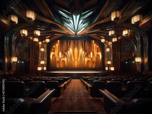 An art deco-inspired cinema with a marquee and intricate interior decor.