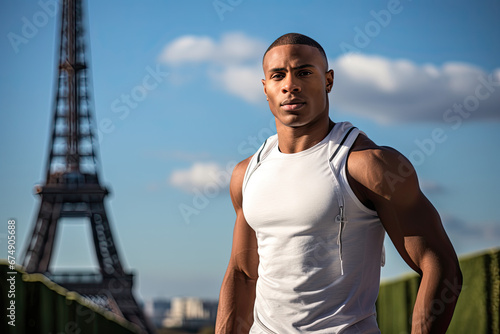 A sportsman  standing against the background of Paris, sporting event or olympics concept photo