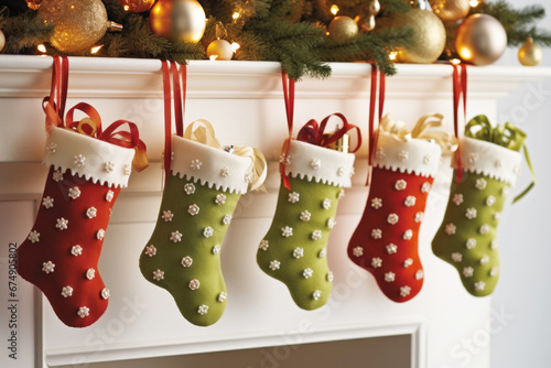 Stockings filled with gifts hanging near the fireplace decorated with balls and branches of Christmas tree. Three Kings Day, Epiphany day.