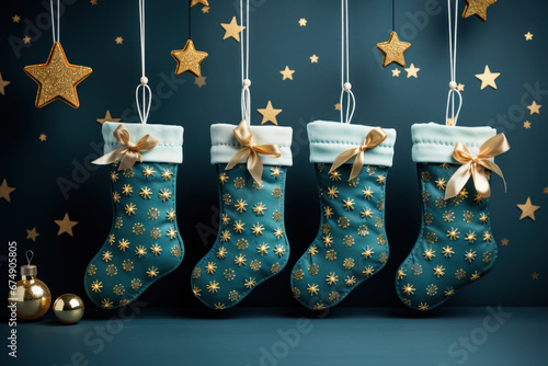 Dark blue night festive composition with hanging stockings and gold stars. Three Kings Day, Epiphany day, Christmas.