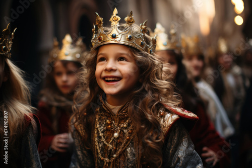 Happy girl in crown and costume with another children smiling while taking part the procession of the Three Kings. Epiphany day