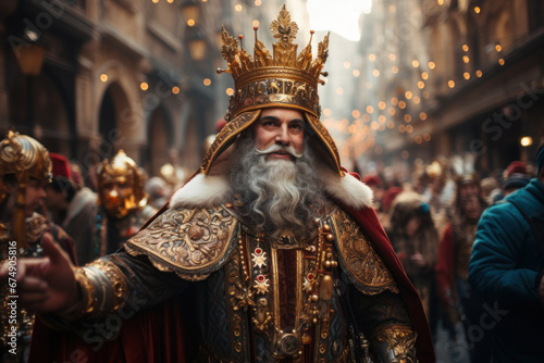 One of the Three Kings in costume and crown walking down decorated street during carnival parade surrounded by crowd of people. Epiphany day photo