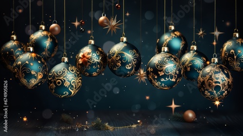 Illustration Christmas balls with Golden Ornaments in Rich emerald green and Gold colors. For banners, posters, advertising. AI generated.