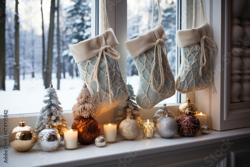Three stockings hanging on window decorated with balls and candles with winter snowy landscape outside. Three Kings Day, Epiphany day, Christmas. Holiday waiting.