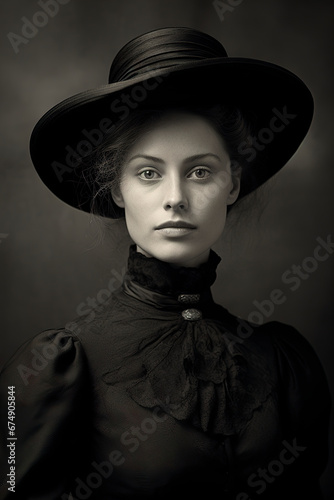 Portrait of a woman in a hat in a black and white photograph from the 1890s. Extremely elegant and classy woman in an old photo of royalty.