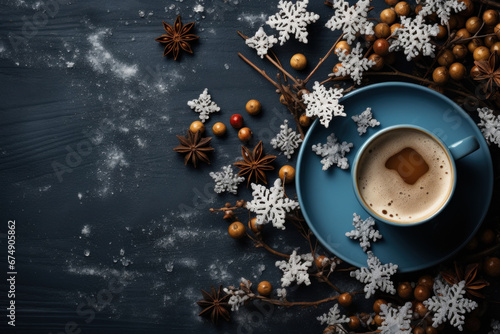 Dark blue cozy winter flat lay composition with cup of coffee, carnation and decorative snowflakes and with copy space.