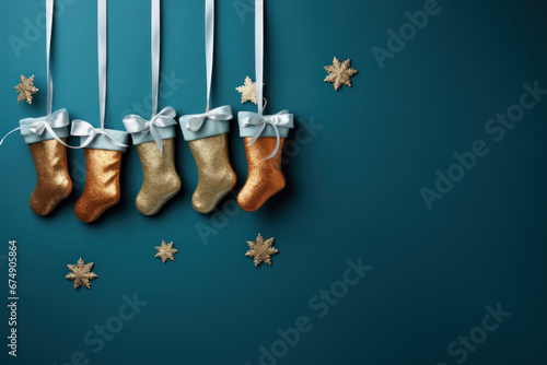 Flat lay with gold stockings and stars placed on dark blue background with copy space. Three Kings Day, Epiphany day, Christmas.