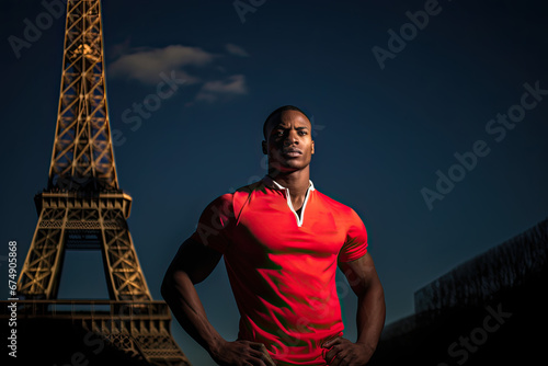 A sportsman  standing against the background of Paris, sporting event or olympics concept photo