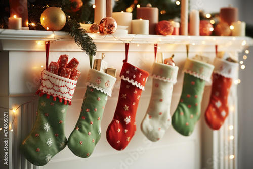Stockings filled with gifts of various shapes and sizes hanging near the fireplace decorated with balls, candles and garland. Three Kings Day, Epiphany day, Christmas. photo