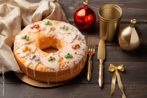 Roscon de Reyes decorated with candies on dark wood background. Typically enjoyed Three Kings Day, Epiphany day