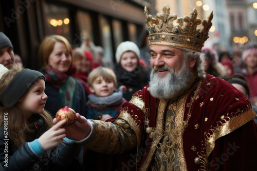 One of the Kings in crown and costume handing out candies to children at the Three Kings carnival parade
