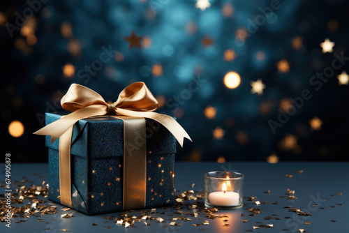 Gift box with glowing candle near on table decorated with gold stars against dark blue background with blurred bokeh. Three Kings day celebration.