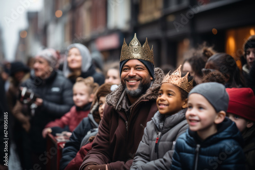 Large group of smiling people with children on the street waiting for the Three Kings to appear in the parade. Three Kings Day, Epiphany day.