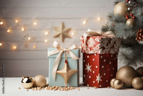 Present boxes near Christmas tree on white table agains white background with glowing garland