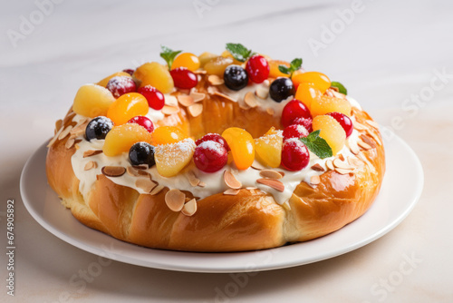 Roscon de Reyes decorated with fruits and candy placed on white plate on white background. Typically enjoyed Three Kings Day, Epiphany day