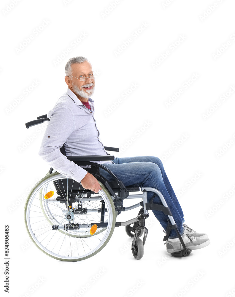 Senior man in wheelchair on white background Senior man in wheelchair on white background