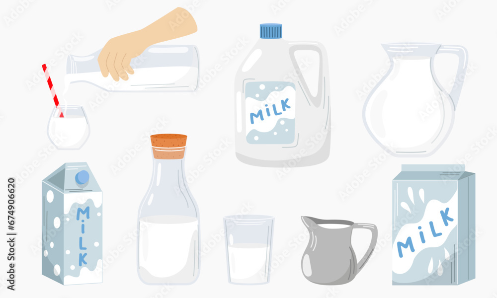 Set of dairy products. A glass of milk, a bottle of milk, jug of milk, a pack of milk. Organic homemade food. Vector illustration. Food concept. Kitchen image. Illustration for a cookbook. Set of dairy products. A glass of milk, a bottle of milk, jug of milk, a pack of milk. Organic homemade food. Vector illustration. Food concept. Kitchen image. Illustration for a cookbook.