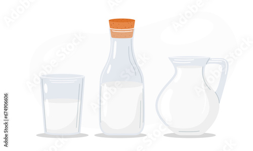 Glass of milk, jug of milk, bottle of milk. Organic homemade food. Vector illustration. Food concept. Kitchen image. Illustration for a cookbook.