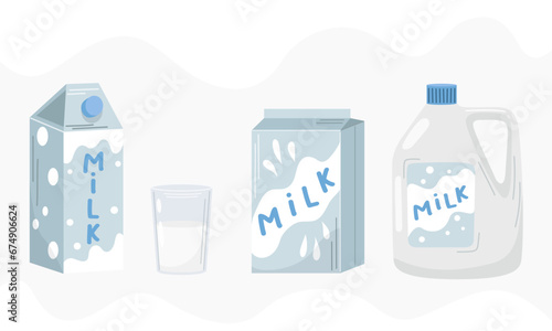 A glass of milk and different packages of milk. Organic homemade food. Vector illustration. Food concept. Kitchen image. Illustration for a cookbook.