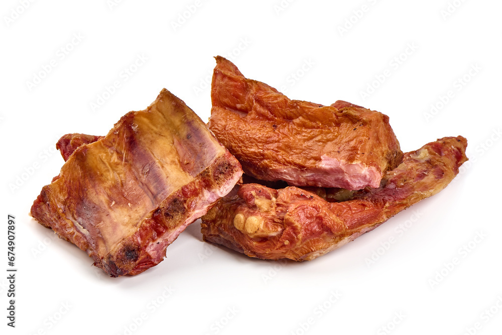 Smoked pork ribs, close-up, isolated on white background. Smoked pork ribs, close-up, isolated on white background.
