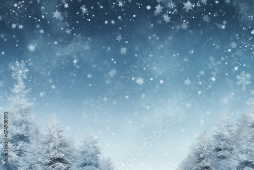 Christmas Photography Backdrop, Idyllic winter Wonderland Background with Fir Tree, Snowflakes, copy space