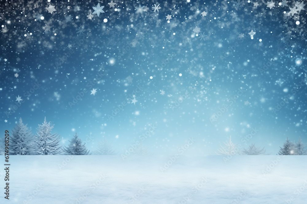 Christmas Photography Backdrop, Idyllic winter Wonderland Background with Fir Tree, Snowflakes, copy space