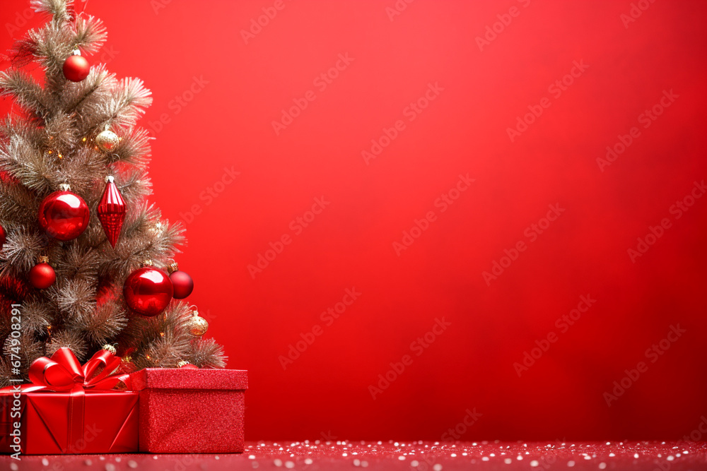 Christmas tree and gift boxes against the wall in red colors. copy space Christmas tree and gift boxes against the wall in red colors. copy space