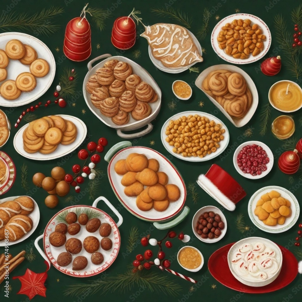 background of Christmas food and decorations background of Christmas food and decorations