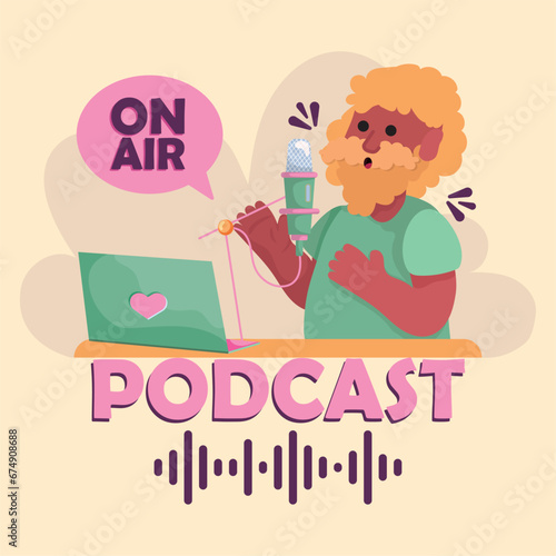 Cute male podcaster with microphone and laptop Podcast Vector