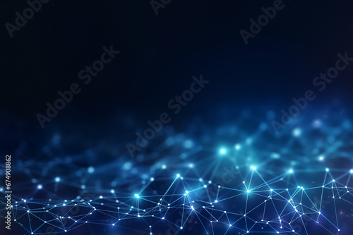 Network technology background, technology and communication, connected dots on 3D wave landscape. Telecommunication, data science, shiny particles, cyberspace, metaverse concept.