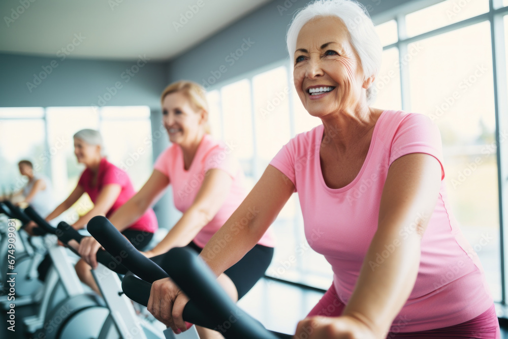 Senior women exercising together on stationary bikes. Senior women exercising together on stationary bikes.