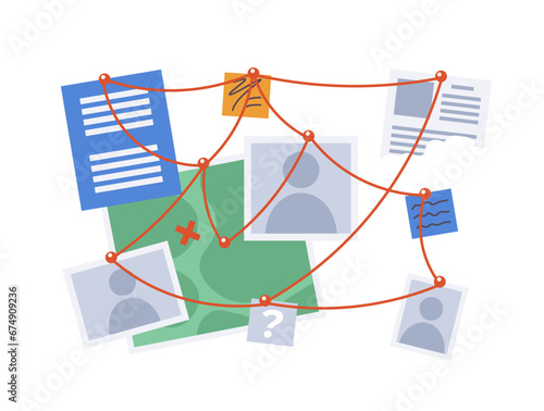 Clues investigation wall with red threads 2D cartoon object. Killer murder scheme isolated vector item white background. Detective suspect. Red strings deduction color flat spot illustration