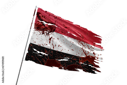 Yemen torn flag on transparent background with blood stains. photo