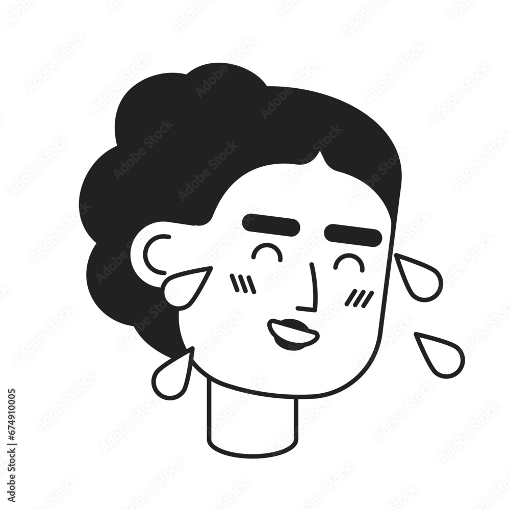Tears of joy middle eastern woman black and white 2D vector avatar illustration. Laughing female outline cartoon character face isolated. Arab lady happy cry flat user profile image, portrait