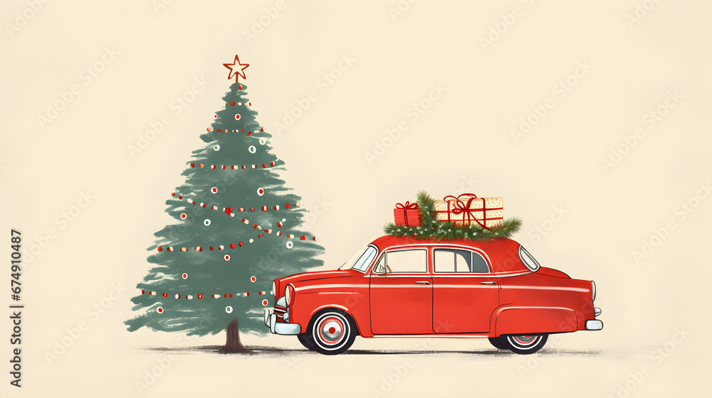 illustration of red vintage car and christmas tree	