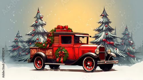 illustration of red vintage car and christmas tree 