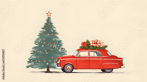 illustration of red vintage car and christmas tree	 photo