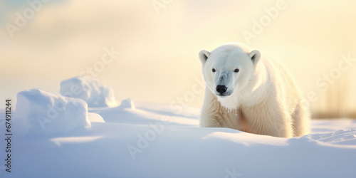 White Arctic bear in winter snowy beautiful landscape, wildlife concept