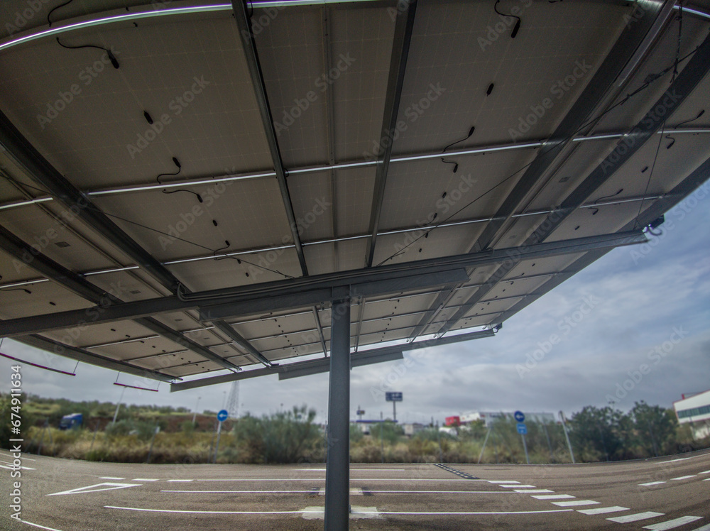 Solar canopy installation over parking. Wide angle lens view