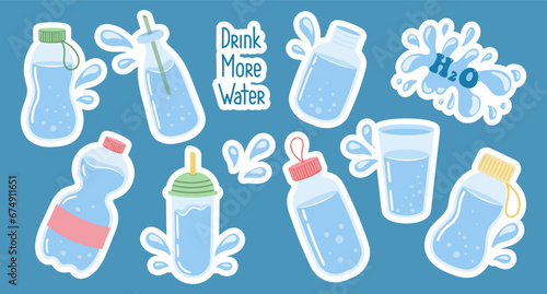 Set of various containers with clean water, glasses, bottles. Drink water concept. Stickers, icons, vector