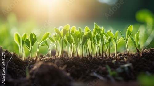 small green sprouts grow from the ground in the rays of the sun.