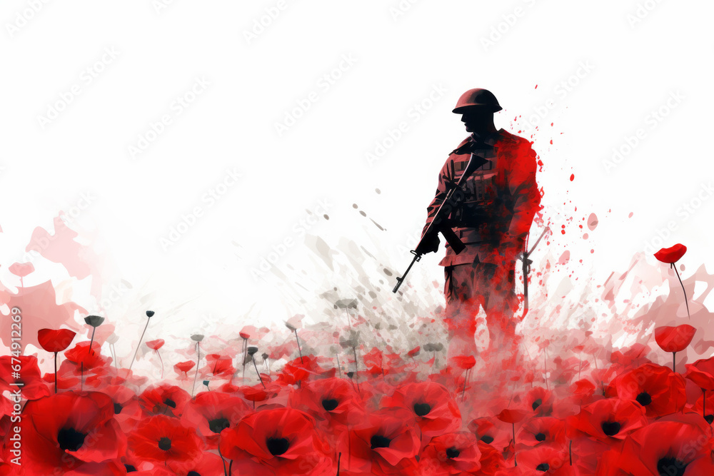Remembrance day design background. Soldier silhouette in a poppy field - obrazy, fototapety, plakaty 