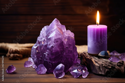 Raw purple amethyst rock and purple burning candle on wooden blurry background