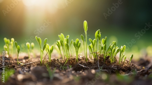 small green sprouts grow from the ground in the rays of the sun.