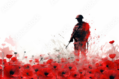 Remembrance day design background. Soldier silhouette in a poppy field photo